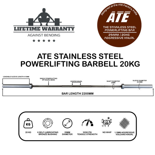 Powerlifting Barbell 20kg : Stainless Steel (IPF Specifications) - ATEONLINESHOP