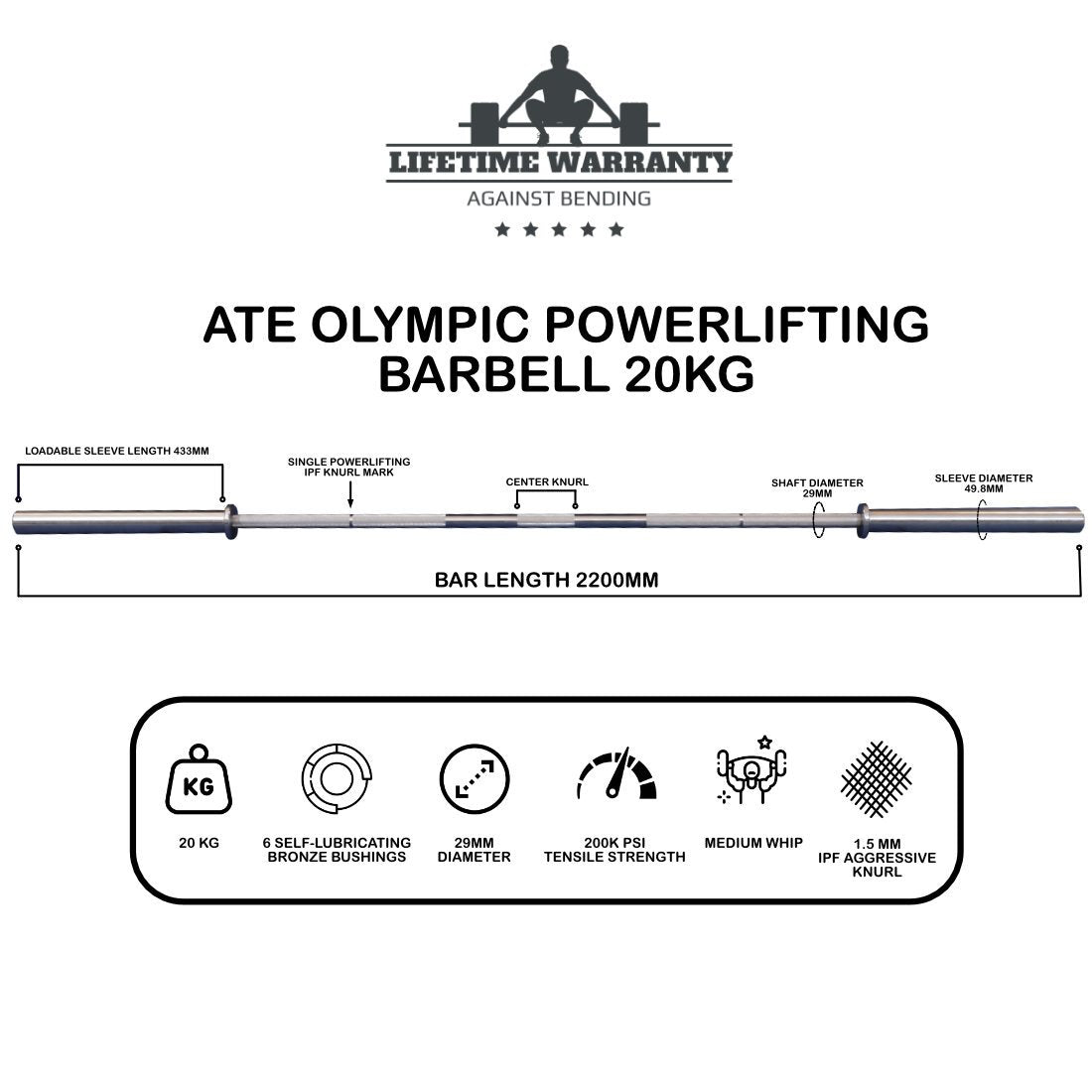 ATE Powerlifting Barbell 20kg Powerlifting Bar IPF Specifications ATEONLINESHOP