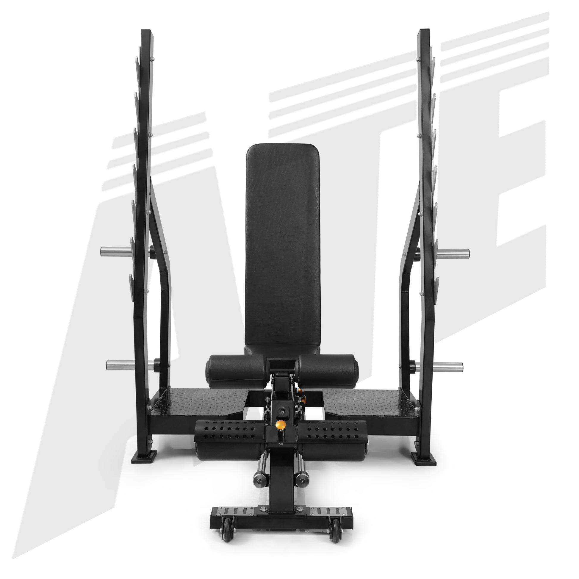 Black weight bench with adjustable backrest on a white background