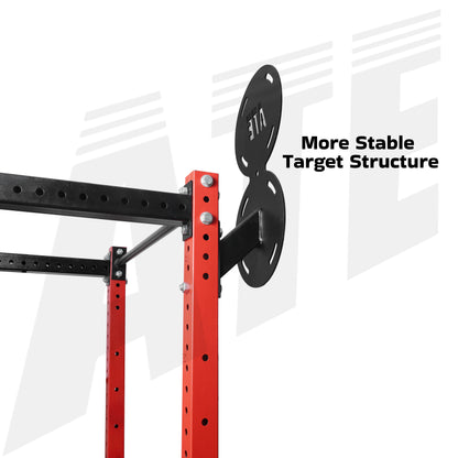 Red and black power rack with a target plate attachment shown on a white background with the text 'More Stable Target Structure'.