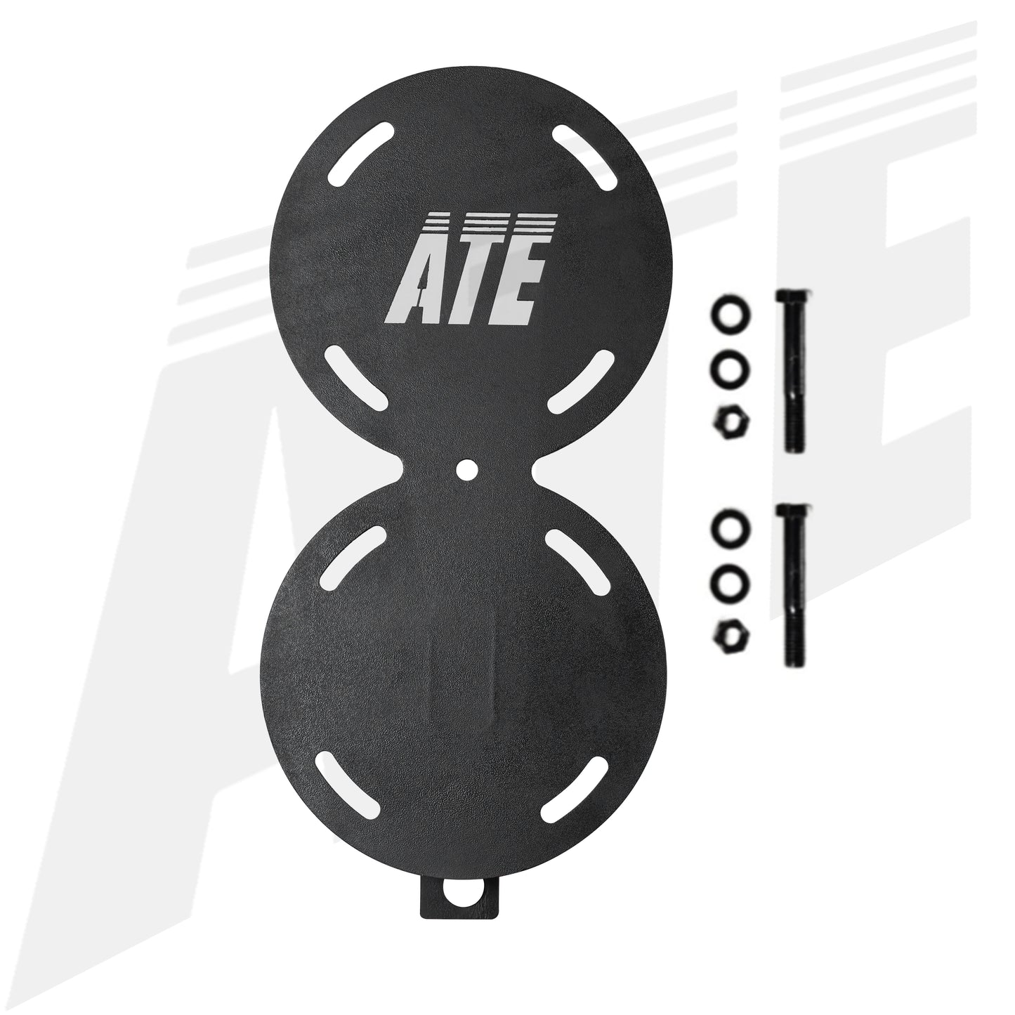 Black ATE dual circular mounting plate with white logo, shown with four mounting screws and washers on a white background with a faint gray ATE logo.