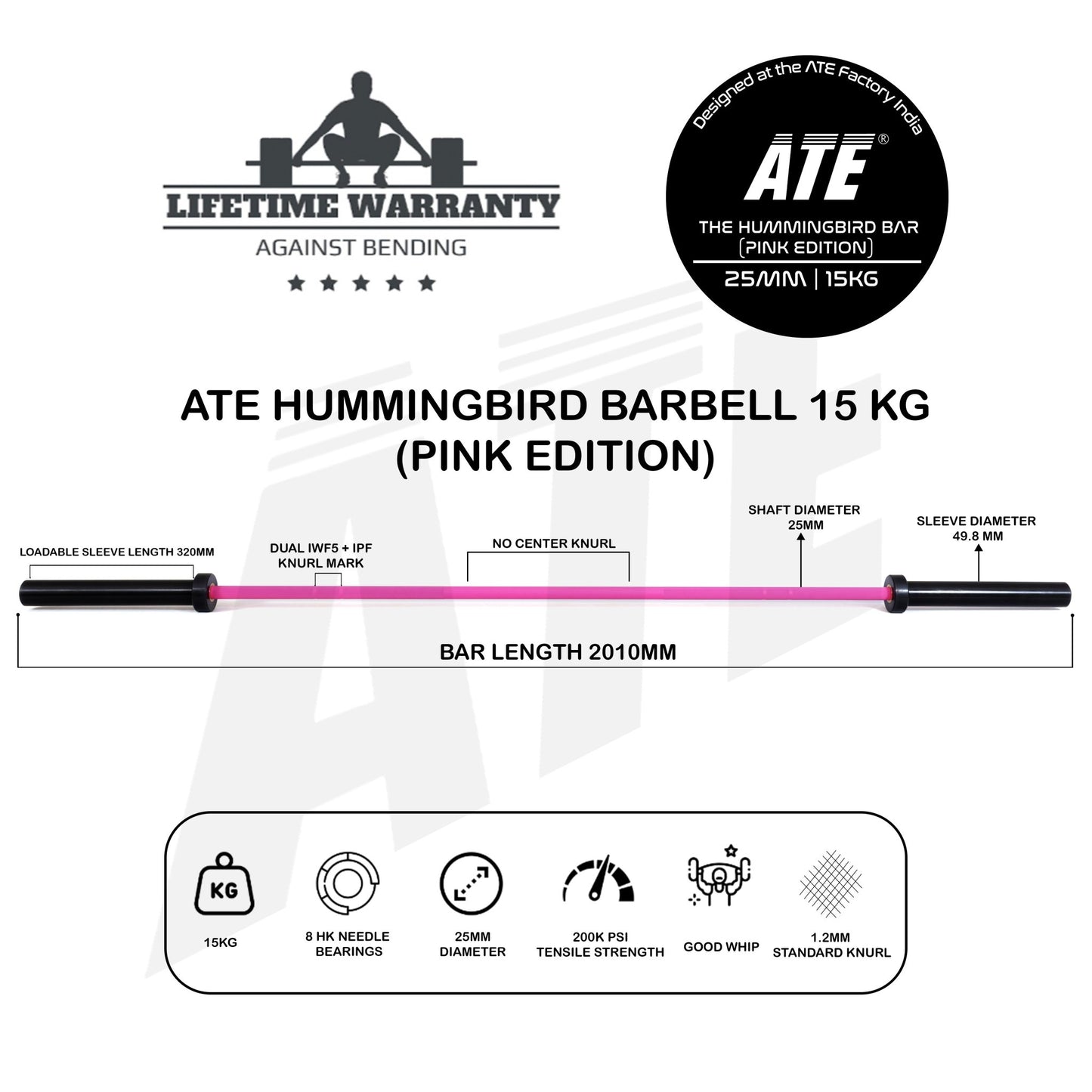 Olympic Barbell Weightlifting Hummingbird 15kg (Pink Edition) - ATEONLINESHOP