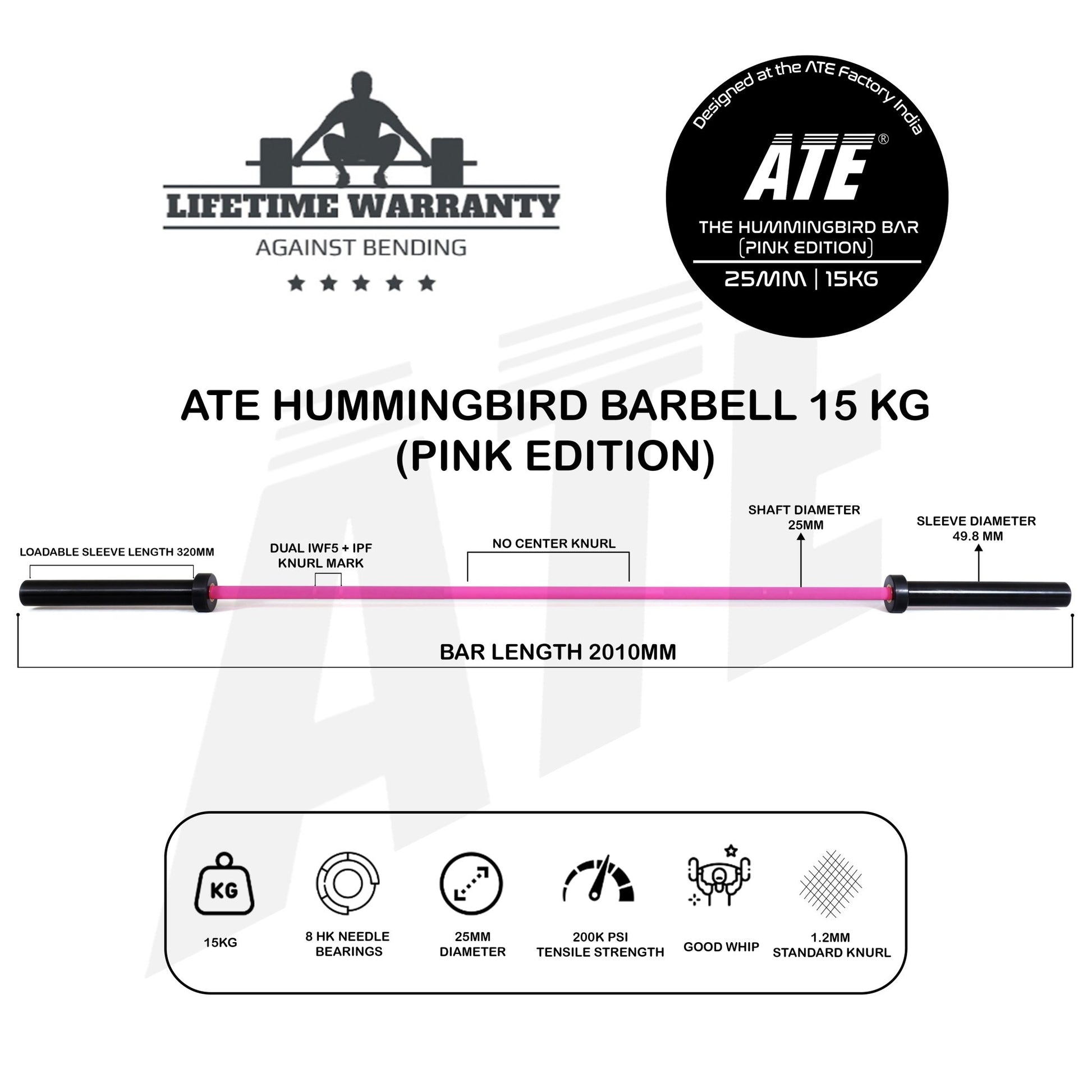 Olympic Barbell Weightlifting Hummingbird 15kg (Pink Edition) - ATEONLINESHOP