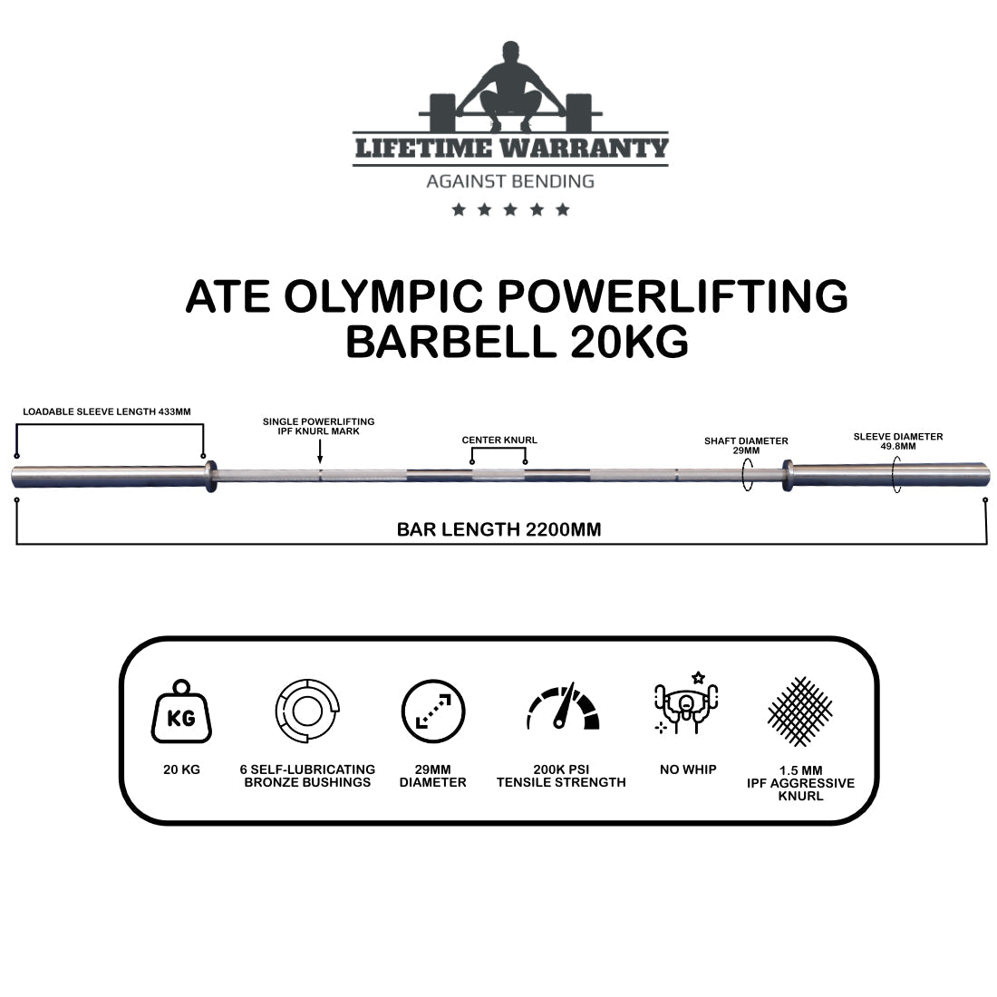 Powerlifting Barbell 20kg (IPF Specifications) - ATEONLINESHOP