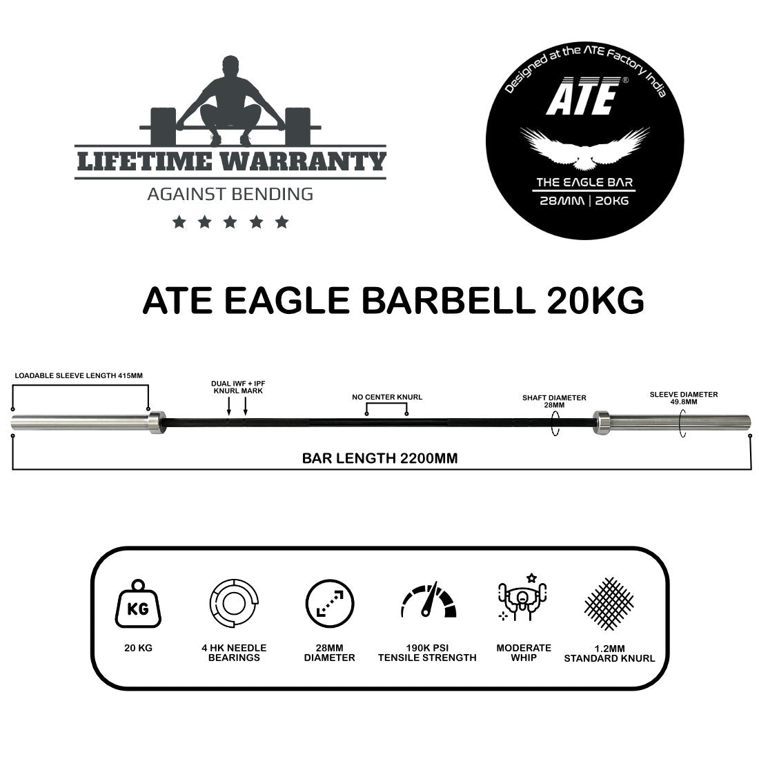 Olympic Barbell Weightlifting Eagle Bar 20kg (Black Oxide/Chrome) 