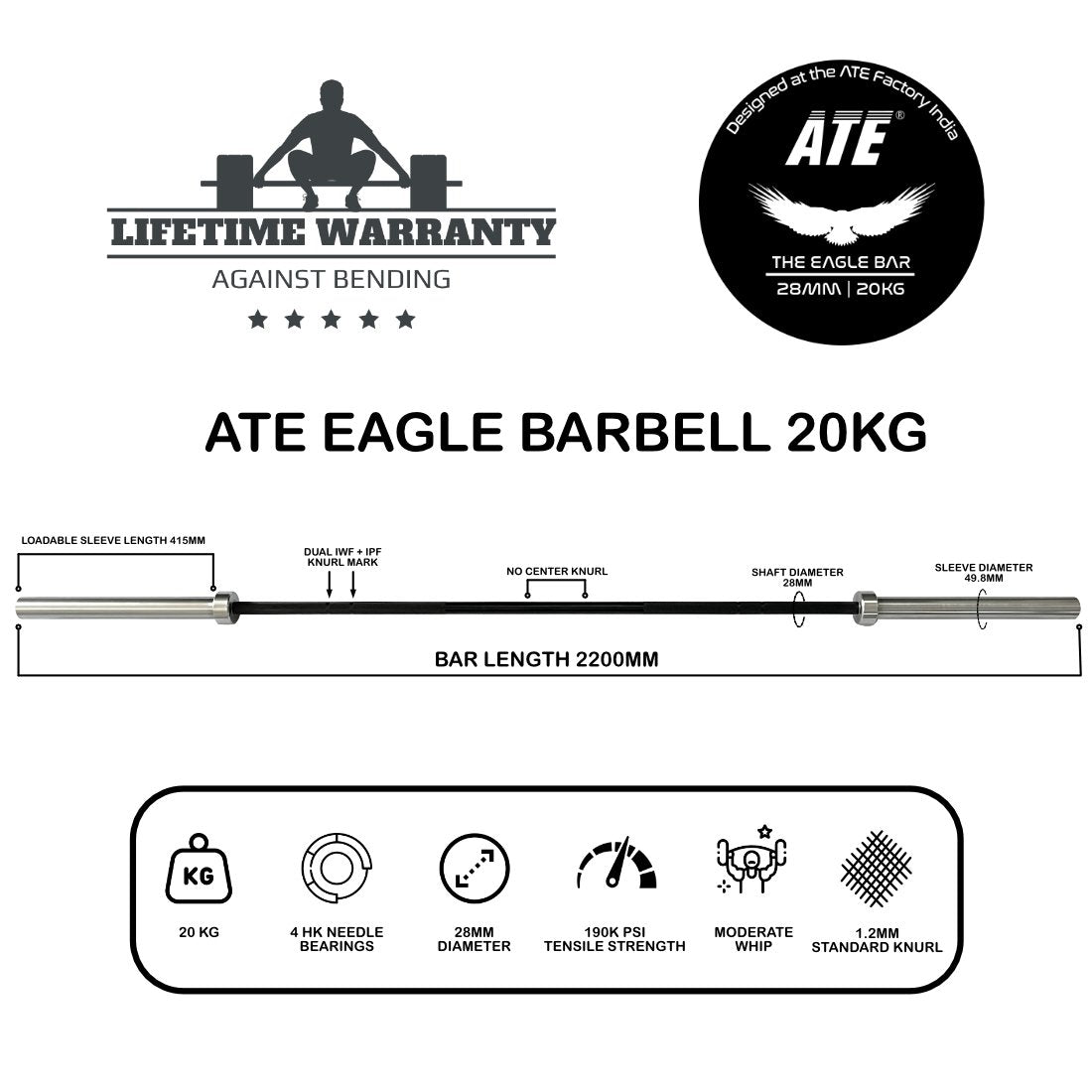 Olympic Barbell Weightlifting Eagle Bar 20kg (Black Oxide/Chrome) - ATEONLINESHOP