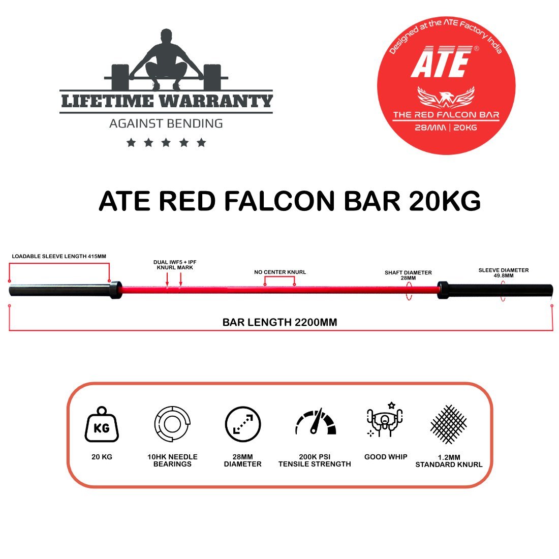 Olympic Barbell Weightlifting Red Falcon 20kg (Cerakote) - ATEONLINESHOP